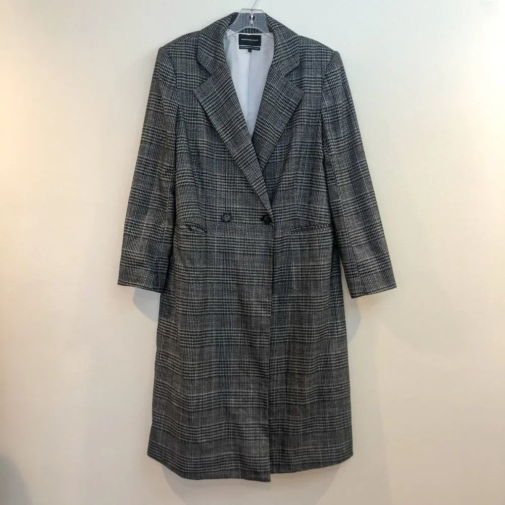 Something Navy Plaid Button Front Long Gray Collared Trench Coat S FLAWED - Picture 2 of 11